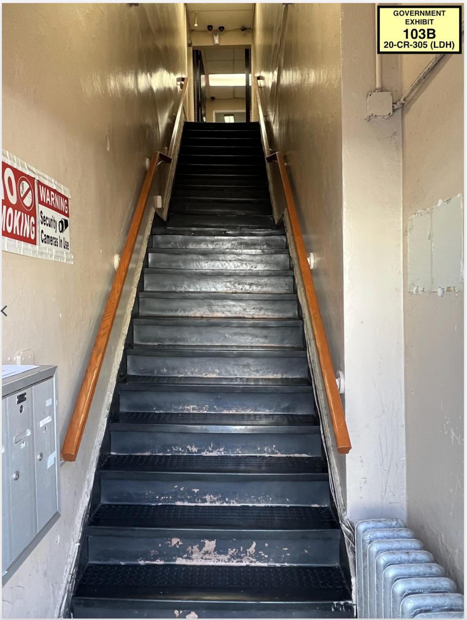 The stairs leading to Jam Master Jay's second floor recording studio in the Jamaica neighborhood of Queens, New York.