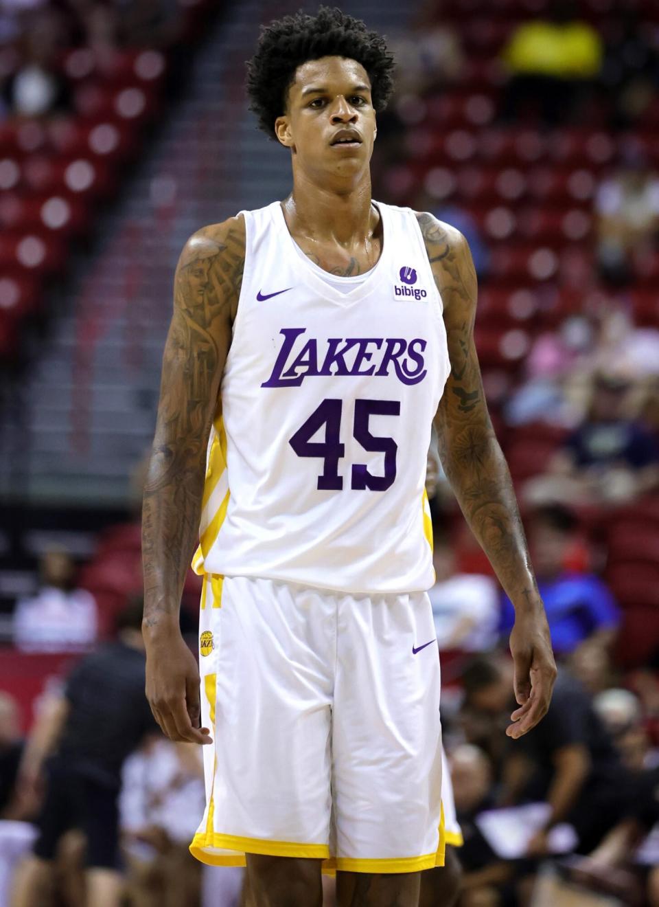 Shareef O'Neal #45 of the Los Angeles Lakers stands on the court during a break in a game against the Phoenix Suns during the 2022 NBA Summer League