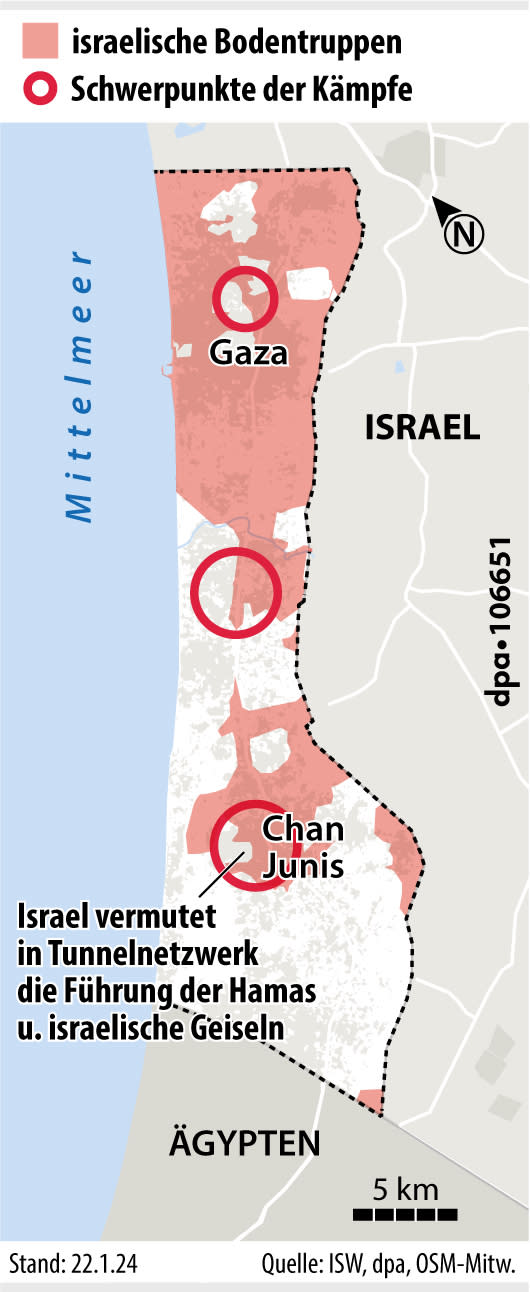 Militärische Lage im Gazastreifen; Grafik: B. Bolte/R. Mühlenbruch, Redaktion: B. Schaller/A. Brühl
