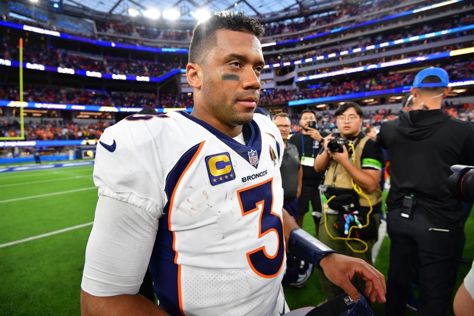 Dec 10, 2023; Inglewood, California, USA; Denver Broncos quarterback Russell Wilson (3) reacts following the victory against the Los Angeles Chargers at SoFi Stadium. Mandatory Credit: Gary A. Vasquez-USA TODAY Sports