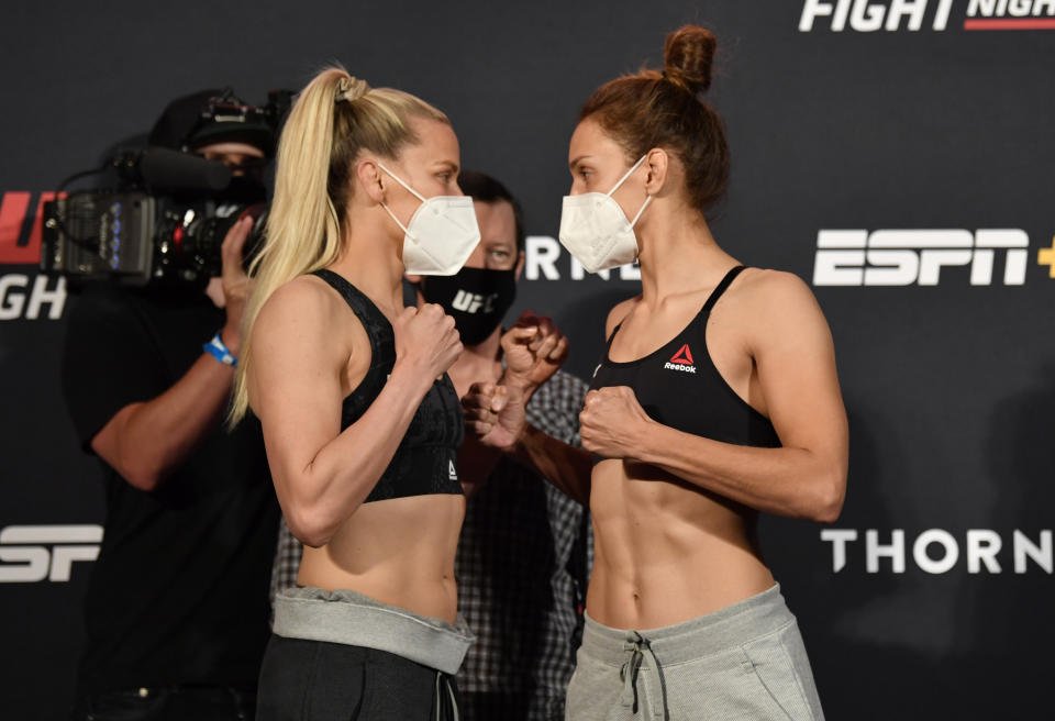 LAS VEGAS, NEVADA - MAY 29: (L-R) Opponents Katlyn Chookagian and Antonina Shevchenko of Kyrgyzstan face off during the UFC weigh-in at UFC APEX on May 29, 2020 in Las Vegas, Nevada. (Photo by Jeff Bottari/Zuffa LLC)