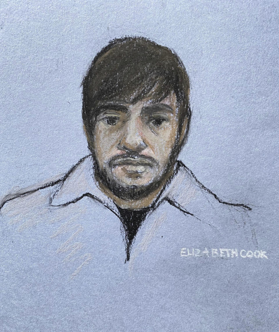 This court artist sketch by Elizabeth Cook shows Jaswant Singh Chail, 21, from Southampton, in the dock at the Old Bailey in London during a hearing at the court, Friday, Feb., 3, 2023.<span class="copyright">Elizabeth Cook–PA/AP</span>