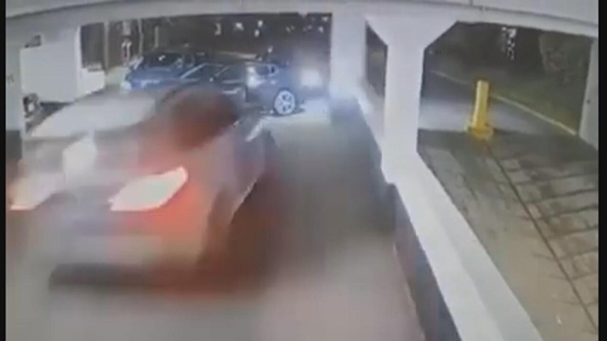 Toronto police released footage Thursday showing a car colliding into two unmarked police vehicles. (Toronto Police Service handout - image credit)
