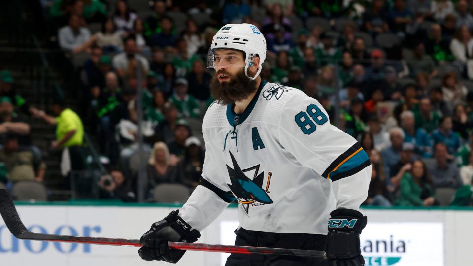 FILE - San Jose Sharks defenseman Brent Burns (88) plays against the Dallas Stars during the first period of an NHL hockey game in Dallas, Saturday, April 16, 2022. A person with knowledge of the deal says the Carolina Hurricanes acquired Burns from the San Jose Sharks, and spoke to the Associated Press on condition of anonymity, Wednesday, July 13, 2022, because the deal had not been finalized. (AP Photo/Michael Ainsworth, File)