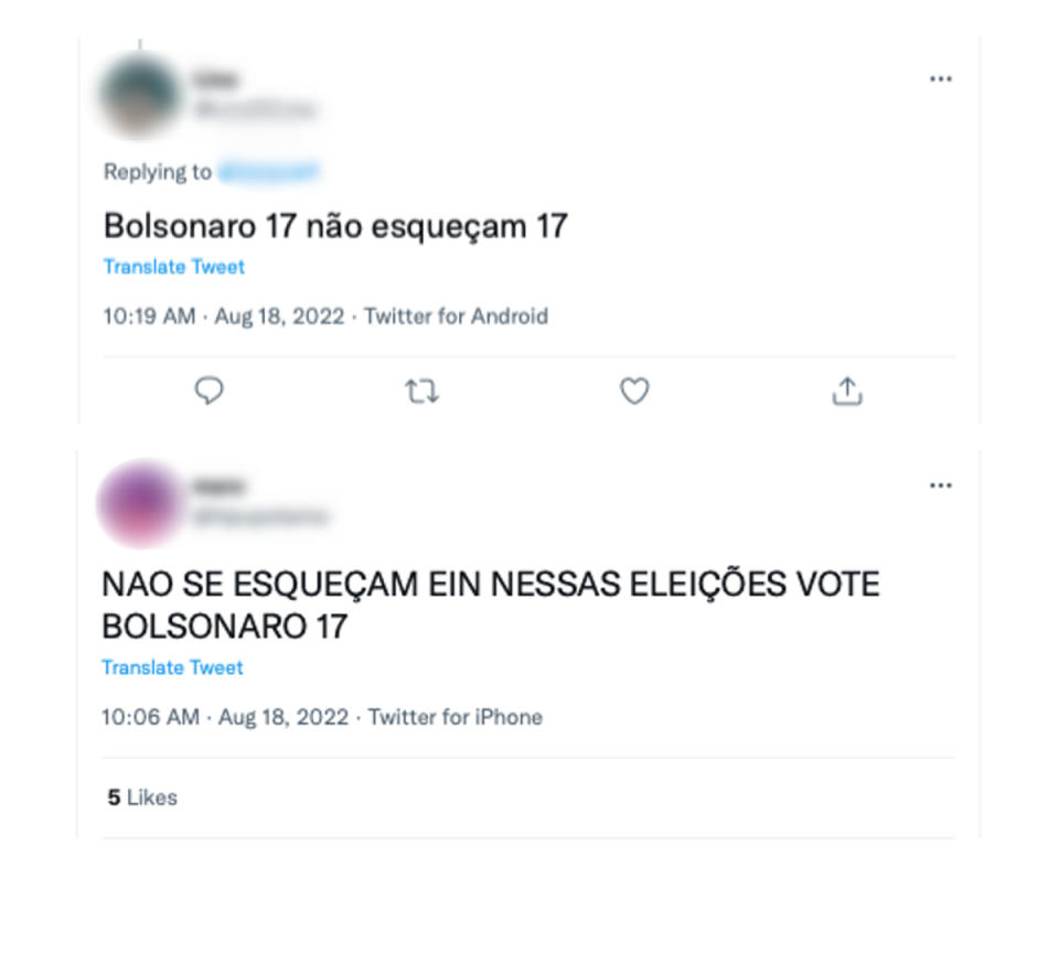 Colagem de duas capturas de tela de publicações que enganosamente atribuem a Bolsonaro o número 17 (Fotos: Twitter / Reprodução)
