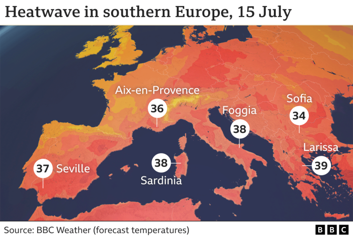 Mapa que muestra las altas temperaturas en áreas del sur de Europa, incluidas Sevilla (37 ºC), Cerdeña (38 ºC) y Larissa (39 ºC).