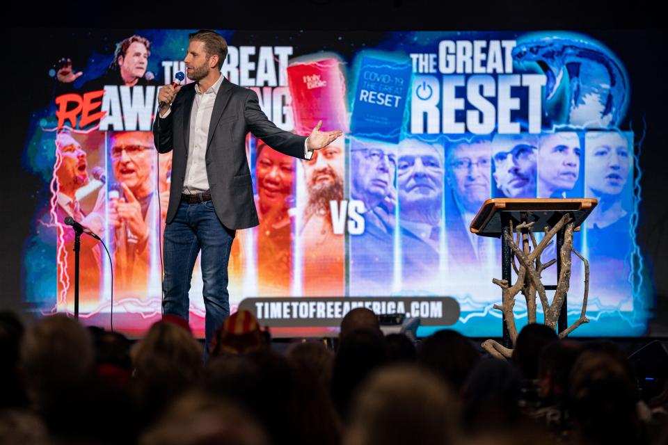 Eric Trump speaks during the ReAwaken America Tour at Global Vision Bible Church in Mt. Juliet, Tenn., Friday, Jan. 20, 2023.