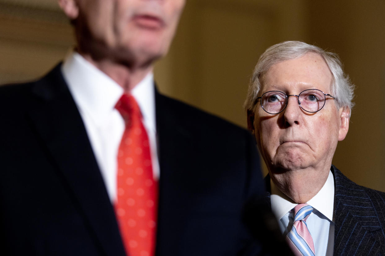 Senate Minority Leader Mitch McConnell, a Republican from Kentucky, during a news conference following the weekly Republican caucus luncheon at the U.S. Capitol in Washington, D.C., March 22, 2022.  / Credit: Bloomberg