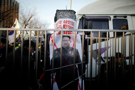 A banner with the image of North Korean leader Kim Jong Un is seen as members of a South Korean conservative civic group take part in an anti-North Korea protest in Seoul, South Korea, December 8, 2018. Picture taken December 8, 2018. REUTERS/Kim Hong-Ji