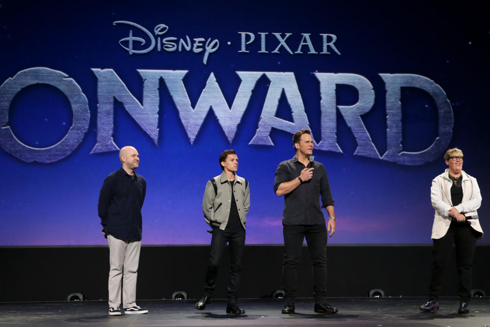 ANAHEIM, CALIFORNIA - AUGUST 24: (L-R) Director Dan Scanlon, Tom Holland, Chris Pratt, and Producer Kori Rae of 'Onward' took part today in the Walt Disney Studios presentation at Disney’s D23 EXPO 2019 in Anaheim, Calif. 'Onward' will be released in U.S. theaters on March 6, 2020. (Photo by Jesse Grant/Getty Images for Disney)