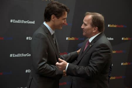 Canada's Prime Minister Justin Trudeau welcomes Sweden's Prime Minister Stefan Lofven to the Fifth Replenishment Conference of the Global Fund to Fight AIDS, Tuberculosis, and Malaria in Montreal, Quebec, Canada September 17, 2016.REUTERS/Christinne Muschi