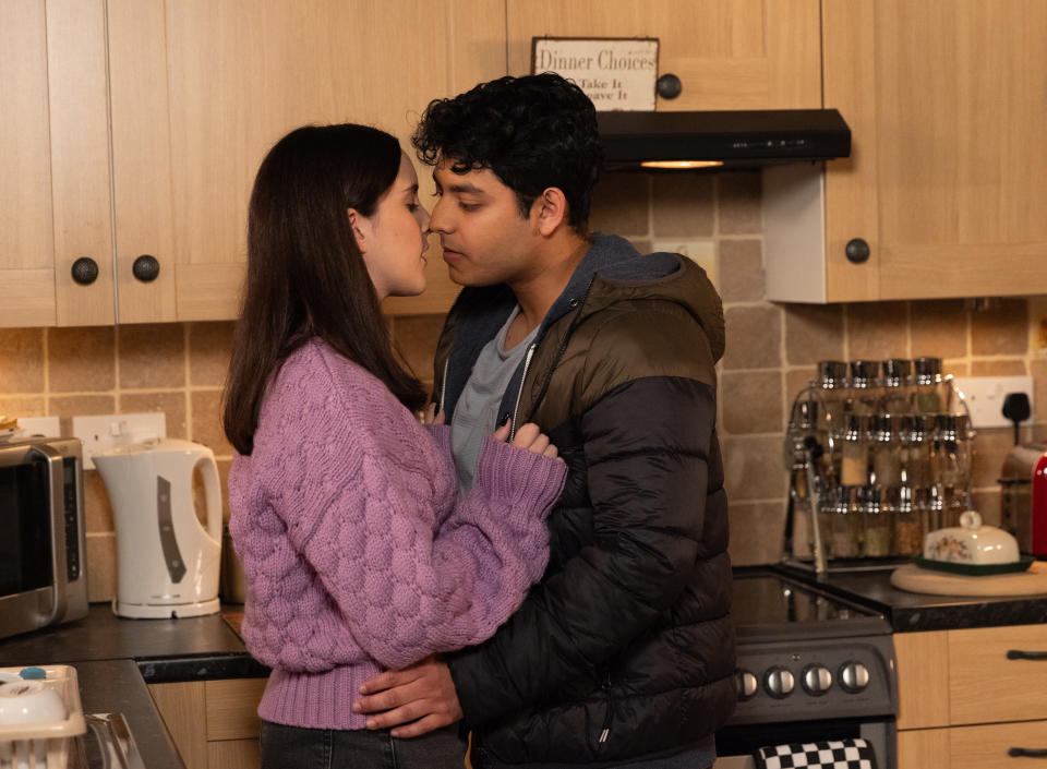 FROM ITV

STRICT EMBARGO - No Use Before Tuesday 14th November 2023

Coronation Street - Ep 11116

Monday 20th November 2023

Aadi Alahan [ADAM HUSSAIN] leans in for a kiss and Amy Barlow [ELLE MULVANEY] reciprocates, but suddenly sheâ€™s overcome by a wave of panic. 

Picture contact - David.crook@itv.com

Photographer - Danielle Baguley

This photograph is (C) ITV and can only be reproduced for editorial purposes directly in connection with the programme or event mentioned above, or ITV plc. This photograph must not be manipulated [excluding basic cropping] in a manner which alters the visual appearance of the person photographed deemed detrimental or inappropriate by ITV plc Picture Desk. This photograph must not be syndicated to any other company, publication or website, or permanently archived, without the express written permission of ITV Picture Desk. Full Terms and conditions are available on the website www.itv.com/presscentre/itvpictures/terms
