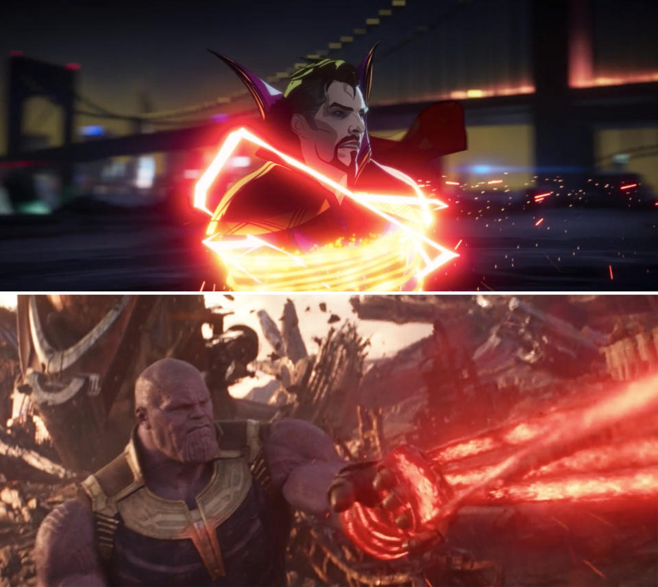 Evil Strange tangled in a magic lasso vs Thanos' gauntlet tangled in one