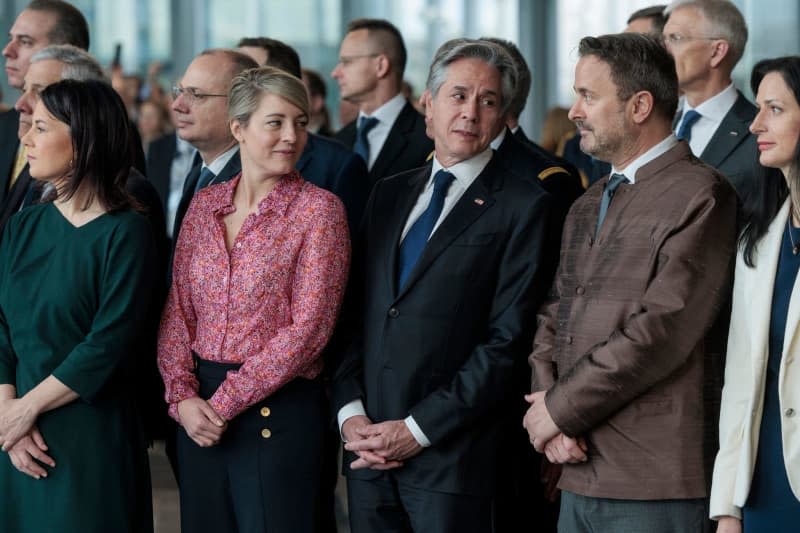 (L-R) Annalena Baerbock German Minister of Foreign Affairs, Melanie Joly Canadian Minister of Foreign Affairs, Antony Blinken US Secretary of State, Xavier Bettel Luxembourgish Minister of Foreign Affairs attend NATO's 75th anniversary celebration ceremony at NATO headquarters. -/NATO/dpa