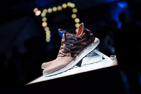 Prototypes of Futurecraft 3D shoe are pictured during a presentation of the first Adidas shoe from its new manufacturing process, Speedfactory in Berlin, Germany September 21, 2016. REUTERS/Stefanie Loos/File Photo