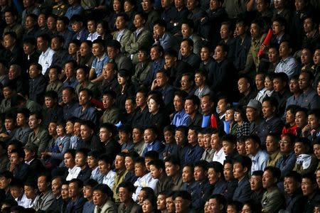 North Korean fans watch their team's preliminary 2018 World Cup and 2019 AFC Asian Cup qualifying soccer match against Philippines at the Kim Il Sung Stadium in Pyongyang October 8, 2015. REUTERS/Damir Sagolj