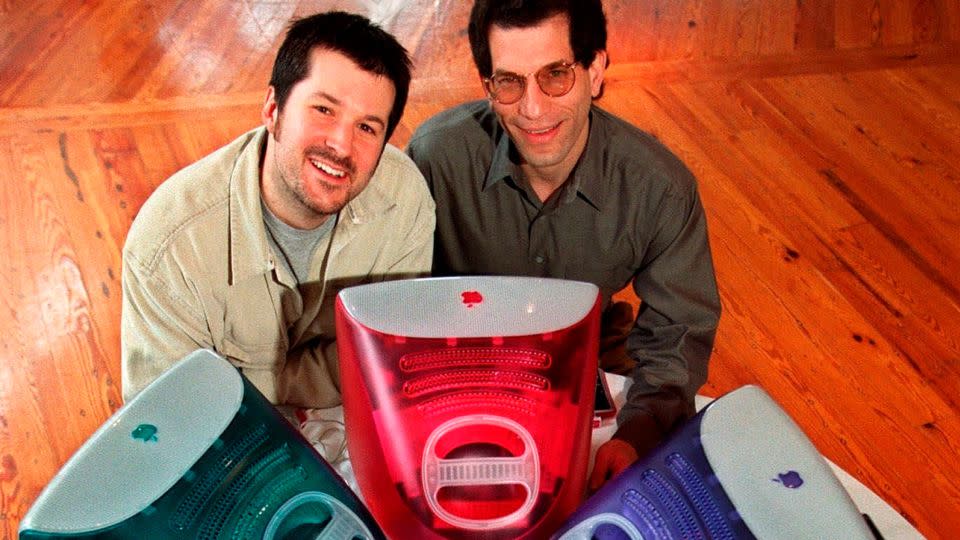 Jony Ive and Jon Rubinstein, who led design and engineering, respectively, at Apple, in a March 1999 portrait. The iMac G3 was a monumental example of the "clear craze" that made tech transparent. - Susan Ragan/AP
