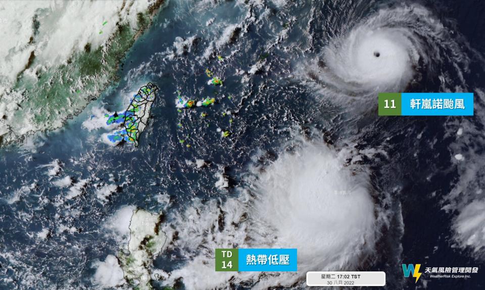 軒嵐諾颱風南邊也有一個熱帶性低氣壓。（圖／翻攝自天氣風險 WeatherRisk臉書）