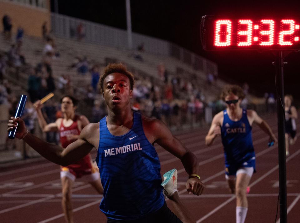 Memorial anchor Dasmon Johnson finishes in first place in the 4x400 relay during the IHSAA Boys Sectional 32 Track and Field Meet at Central Stadium Thursday evening, May 18, 2023. Memorial finished with a time of 3:31.07.