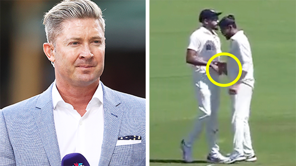Former Australian captain Michael Clarke (pictured left) has jumped to the defence of Indian spinner Ravi Jadeja (pictured far right) after controversial footage emerged on day 1 of the Test. (Images: Getty Images/Fox Sports)