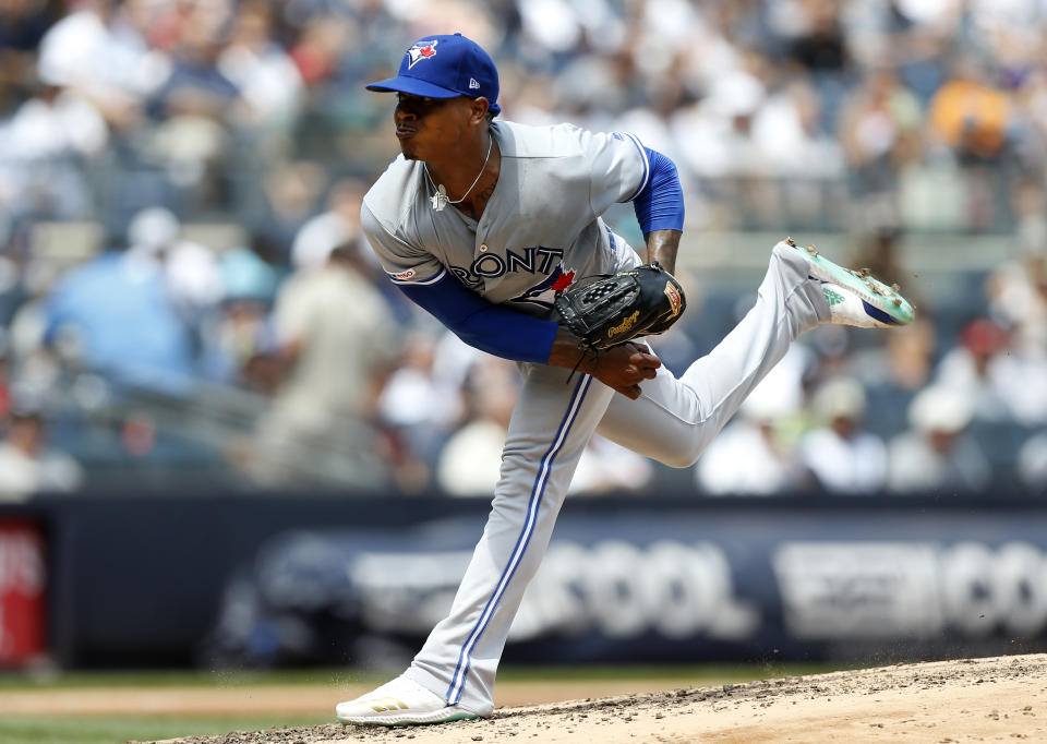 NEW YORK, NEW YORK - JULY 14:   (NEW YORK DAILIES OUT)   Marcus Stroman #6 of the Toronto Blue Jays in action against the New York Yankees at Yankee Stadium on July 14, 2019 in New York City. The Yankees defeated the Blue Jays 4-2.  (Photo by Jim McIsaac/Getty Images)