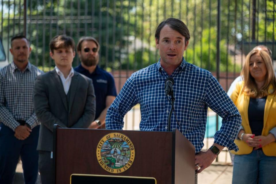 Kevin Loscotoff, Walmart public affairs and government relations director, shares support for the opening of McClatchy Park Pool in Sacramento on Friday.
