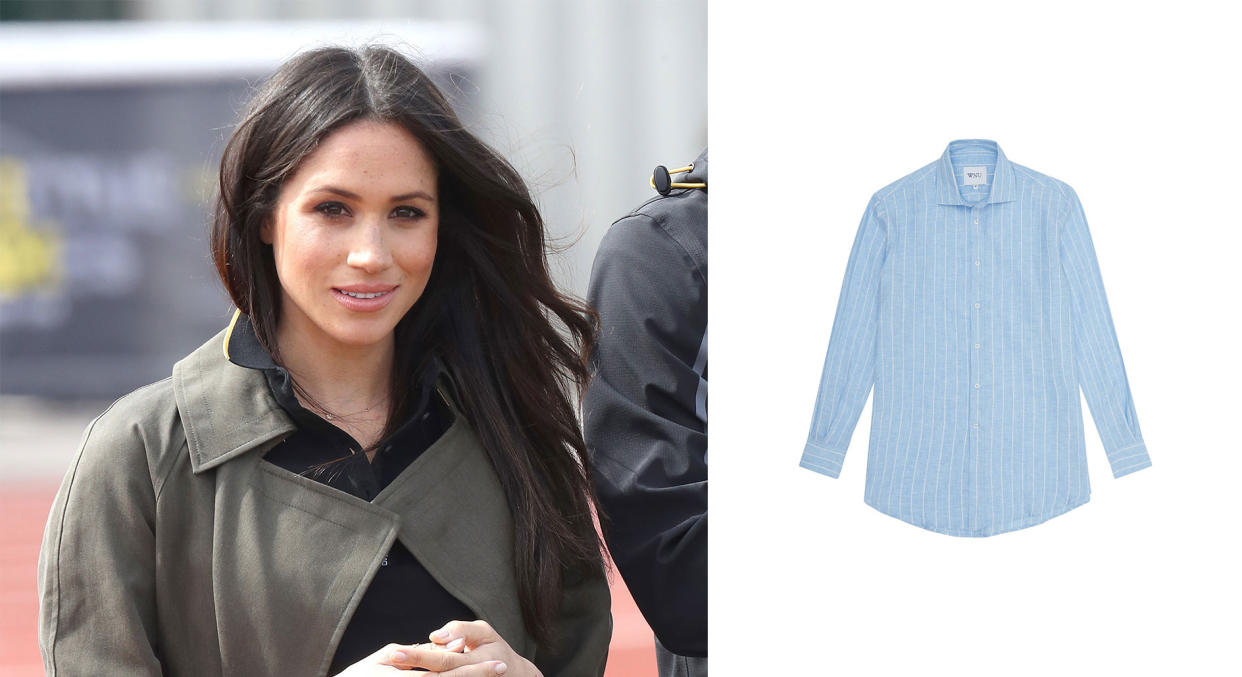 Meghan Markle wore a chic £85 blue and white striped shirt and it's still available to buy [Photo: Getty Images]