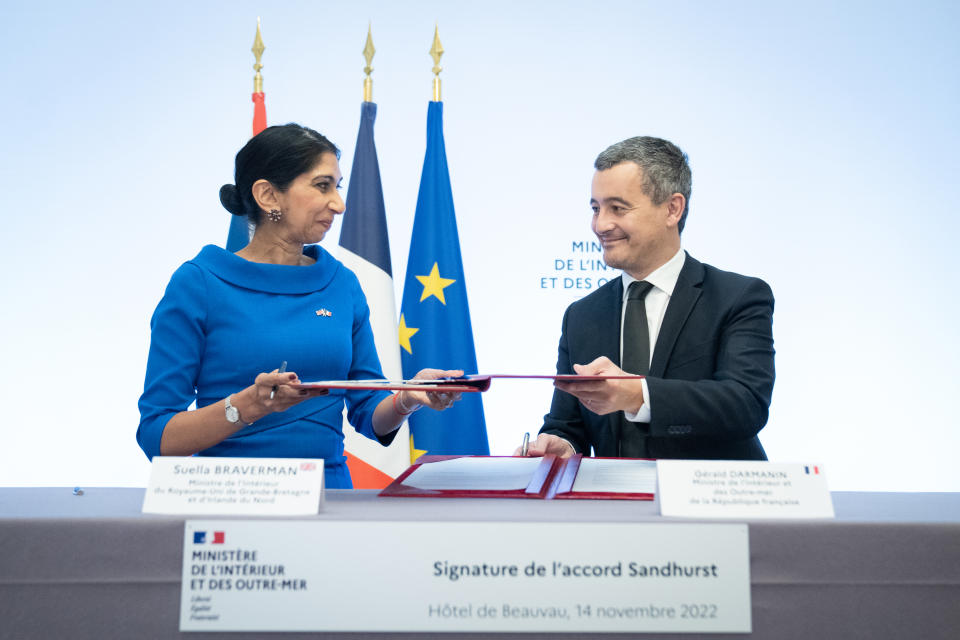 Home Secretary Suella Braverman signs a historic deal with the French Interior Minister Gerald Darmanin, at the Interior Ministry in Paris, France, to tackle the small boats crisis as pressure mounts on the British immigration system, with Channel crossings topping 40,000 so far this year. Picture date: Monday November 14, 2022.