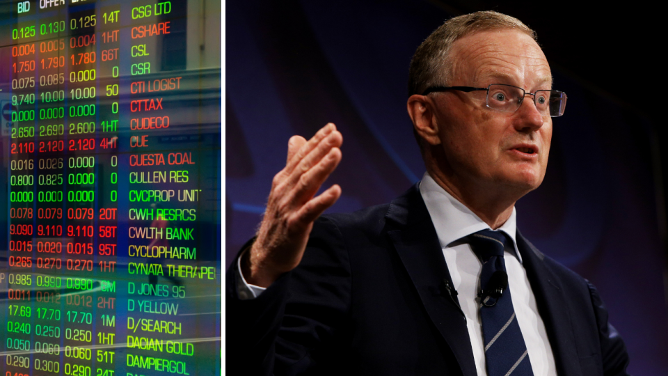 The ASX board showing company price changes and RBA governor Philip Lowe.