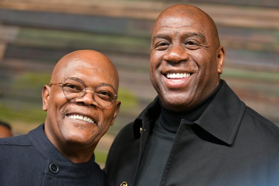 Samuel L. Jackson and Magic Johnson attend the Premiere of Apple TV+'s “The Last Days of Ptolemy Grey” at Regency Bruin Theatre on March 07, 2022 in Los Angeles, California.