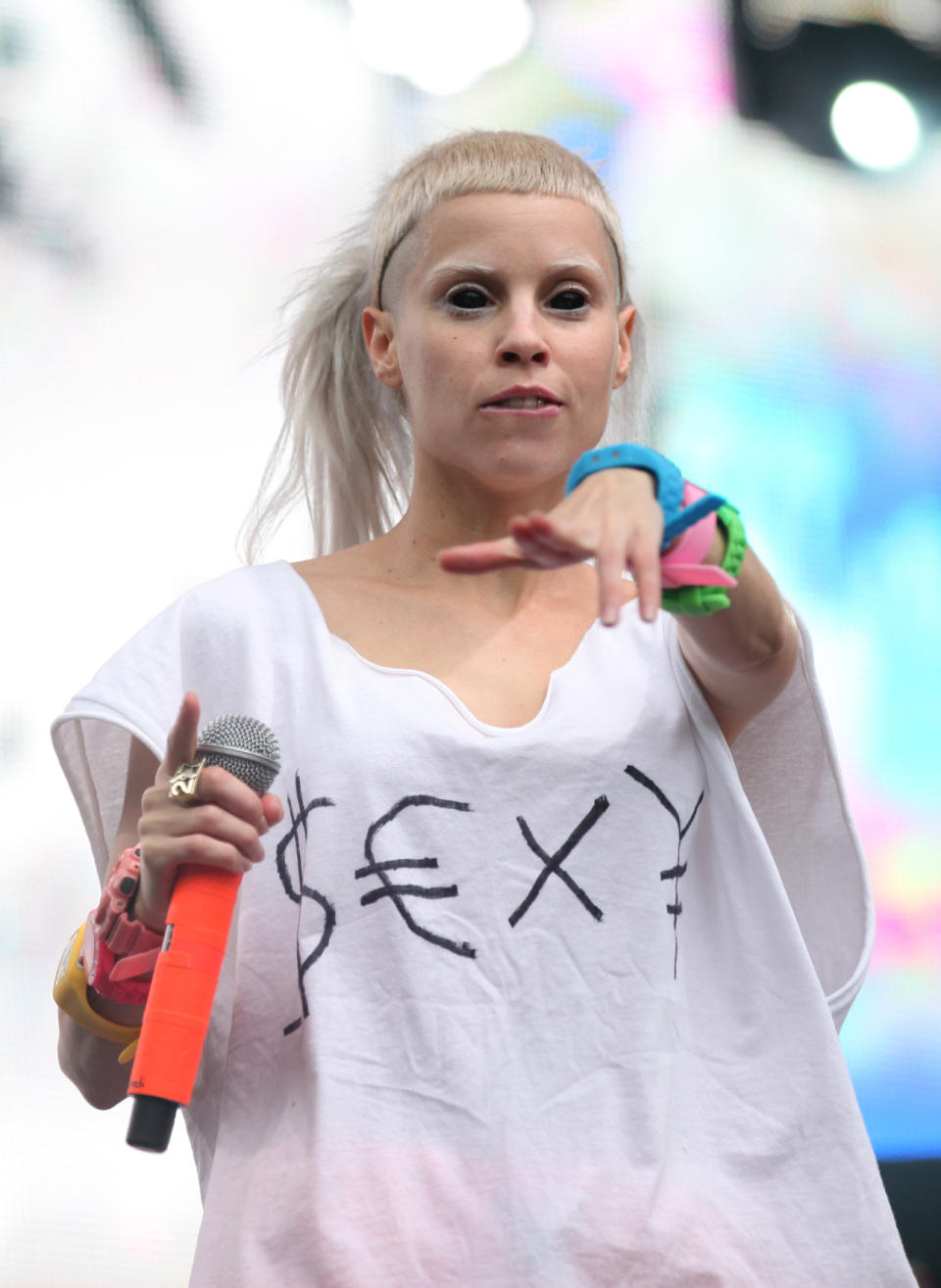 <p>Musician Yo-Landi Vi$$er of the group Die Antwoord performs onstage during Day 1 of 2012 Outside Lands Music Festival held at Golden Gate Park on August 10, 2012 in San Francisco, California.</p>