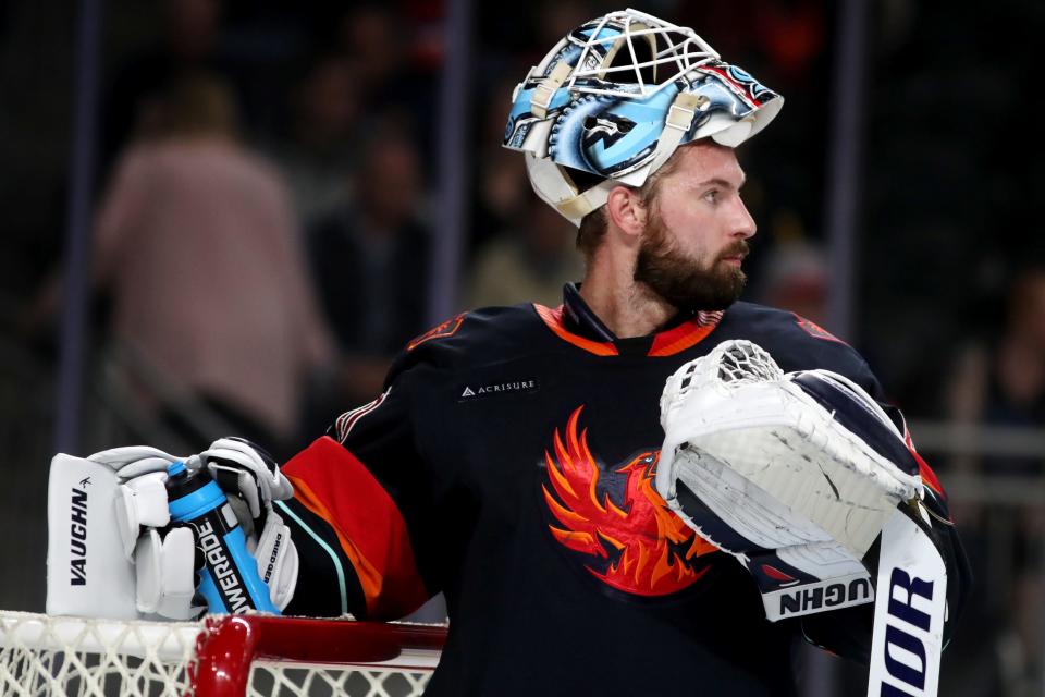Coachella Valley Firebirds goaltender Chris Driedger (60) made 31 saves against the Texas Stars at Acrisure Arena in Palm Desert, Calif., on Wed., March 20, 2024. Firebirds won 4-3 in overtime.