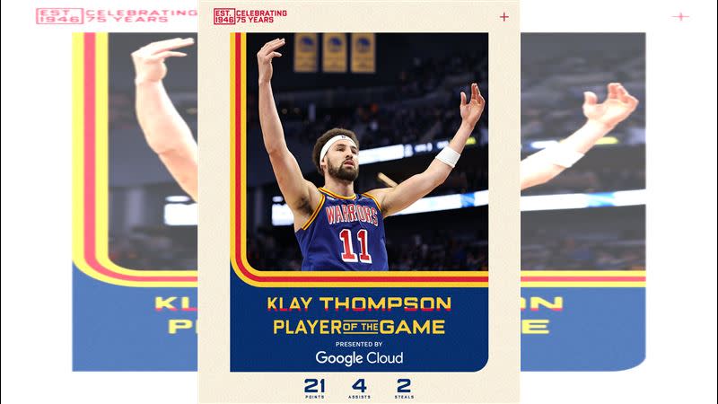 「K湯」湯普森（Klay Thompson）攻下本季新高21分。（圖／翻攝自勇士推特）