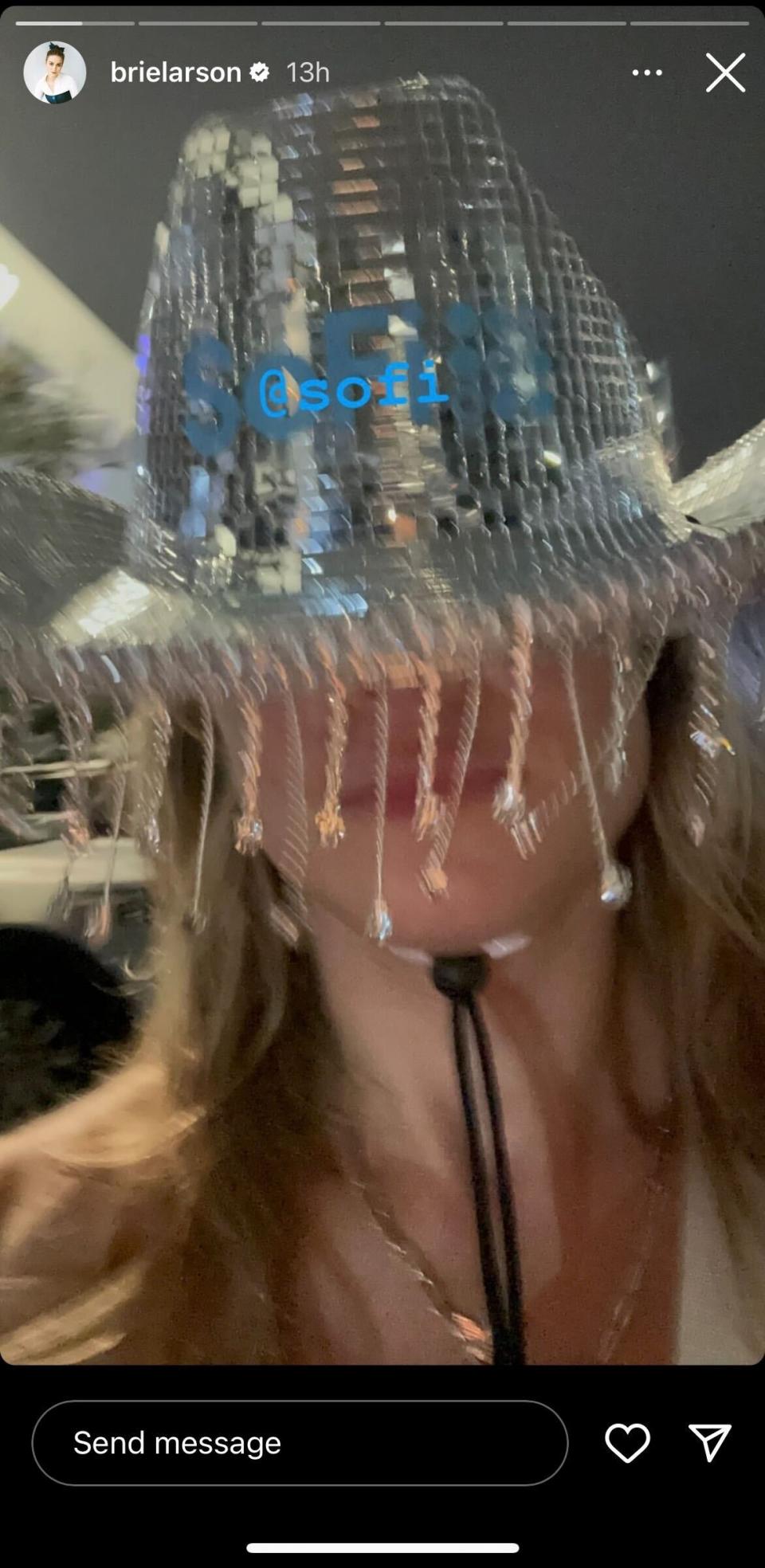 Brie Larson takes a selfie in a sparkly hat at Beyonce's LA concert. (@brielarson on Instagram)