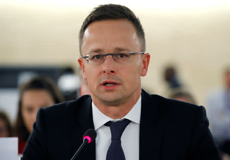 Hungarian Foreign Minister Peter Szijjarto addresses the Human Rights Council at the United Nations in Geneva, Switzerland September 19, 2018. REUTERS/Denis Balibouse