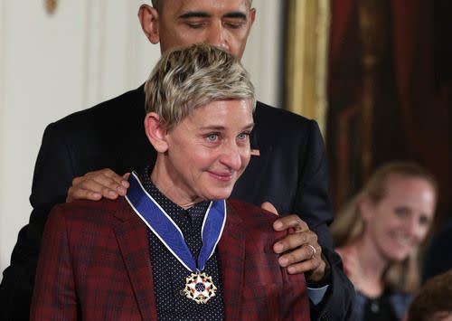 President Barack Obama presents the Presidential Medal of Freedom to comedian and talk show host Ellen DeGeneres during an East Room ceremony at the White House Nov. 22, 2016.