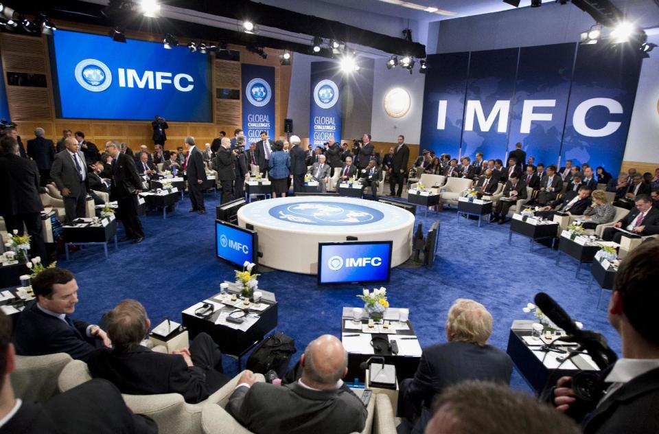 International Monetary and Financial Committee (IMFC) meeting begins during the World Bank Group-International Monetary Fund Spring Meetings in Washington, Saturday, April 12, 2014. ( AP Photo/Jose Luis Magana)