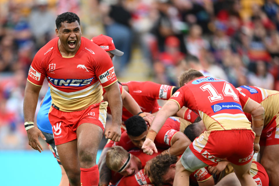 BRISBANE, AUSTRALIA - AUGUST 11: Tevita Pangai Junior of the Dolphins celebrates victory during the round 23 NRL match between Dolphins and New Zealand Warriors at Suncorp Stadium, on August 11, 2024, in Brisbane, Australia. (Photo by Matt Roberts/Getty Images)