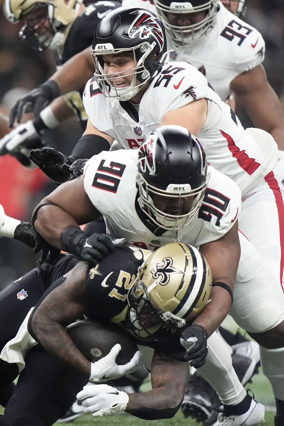New Orleans Saints running back Jamaal Williams (21) carries the ball in the first half of an NFL football game against the Atlanta Falcons in New Orleans, Sunday, Jan. 7, 2024. (AP Photo/Gerald Herbert)