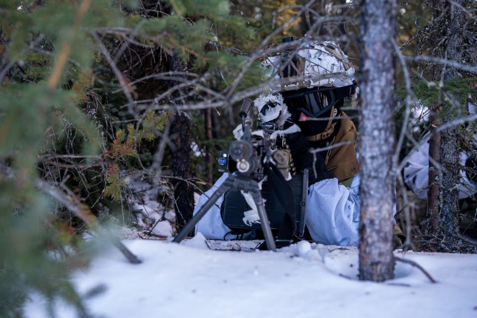 U.S. Army Spc. Timothy Crumpler, assigned to C Co. 3rd Battalion, 509th Parachute Infantry Regiment, 2nd Infantry Brigade Combat Team (Airborne), 11th Airborne Division, stand guard as the opposing force during Joint Pacific Multinational Readiness Center 24-02 at Donnelly Training Area, Alaska, Feb. 17, 2024.