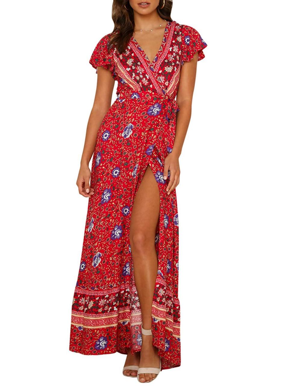 <b>Buy It!</b> PRETTYGARDEN Floral Boho Wrap Dress, $27.99–$28.99; <a href="https://www.amazon.com/PRETTYGARDEN-Womens-Summer-Vintage-Floral/dp/B07Q8GKYPY/ref=as_li_ss_tl?ie=UTF8&linkCode=ll1&tag=pobestwrapdressesrcarhart0519-20&linkId=868ef4ae75c5c56ff5cd6de35458ee69&language=en_US" rel="nofollow noopener" target="_blank" data-ylk="slk:amazon.com;elm:context_link;itc:0;sec:content-canvas" class="link ">amazon.com</a>