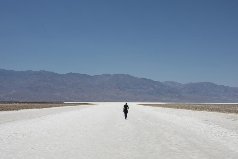 Sheik Mabrouki, of Algeria, walks through Badwater Basin, Monday, July 8, 2024, in Death Valley National Park, Calif. (Daniel Jacobi II/Las Vegas Review-Journal via AP)