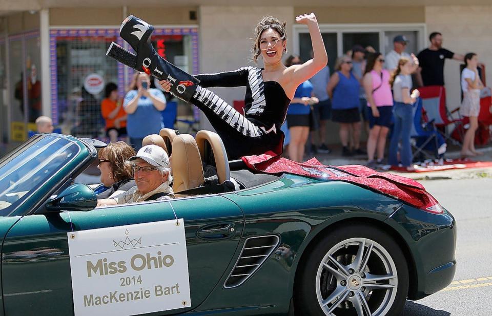 Miss Ohio 2014 Mackenzie Bart, a singer and ventriloquist when she competed at Miss Ohio, wore a parade outfit to represent Cleveland, home of the Rock & Roll Hall of Fame. Bart is a meteorologist at Fox 8 News in Cleveland.