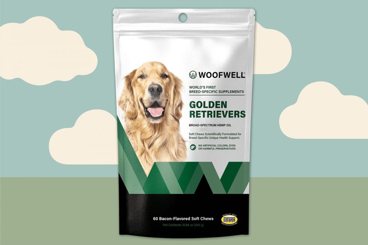 Packet of golden retriever supplements, bacon-flavored, green and black packaging