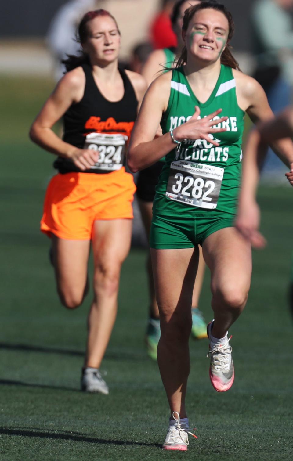 Mogadore's Rachel Whetstone heads to the finish line in the Girls Div III at the Cross Country State Championships at Fortress Obetz and Memorial Park on Saturday in Obetz..  [Mike Cardew/Akron Beacon Journal]  Photo taken on Monday, Nov. 1, 2022