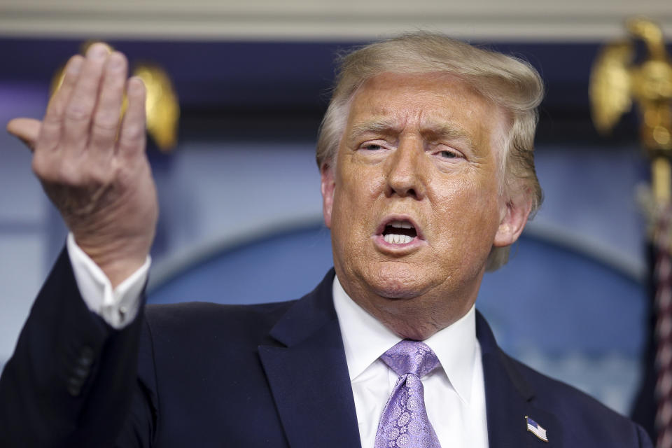 U.S. President Donald Trump speaks during a news conference in the James S. Brady Press Briefing Room at the White House in Washington, D.C., U.S., on Thursday, Aug. 13, 2020. (Oliver Contreras/Sipa/Bloomberg via Getty Images) 