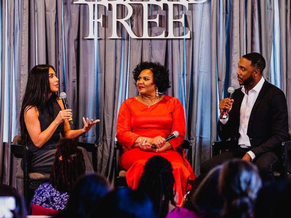 Alice Marie Johnson and Kim Kardashian West at a panel