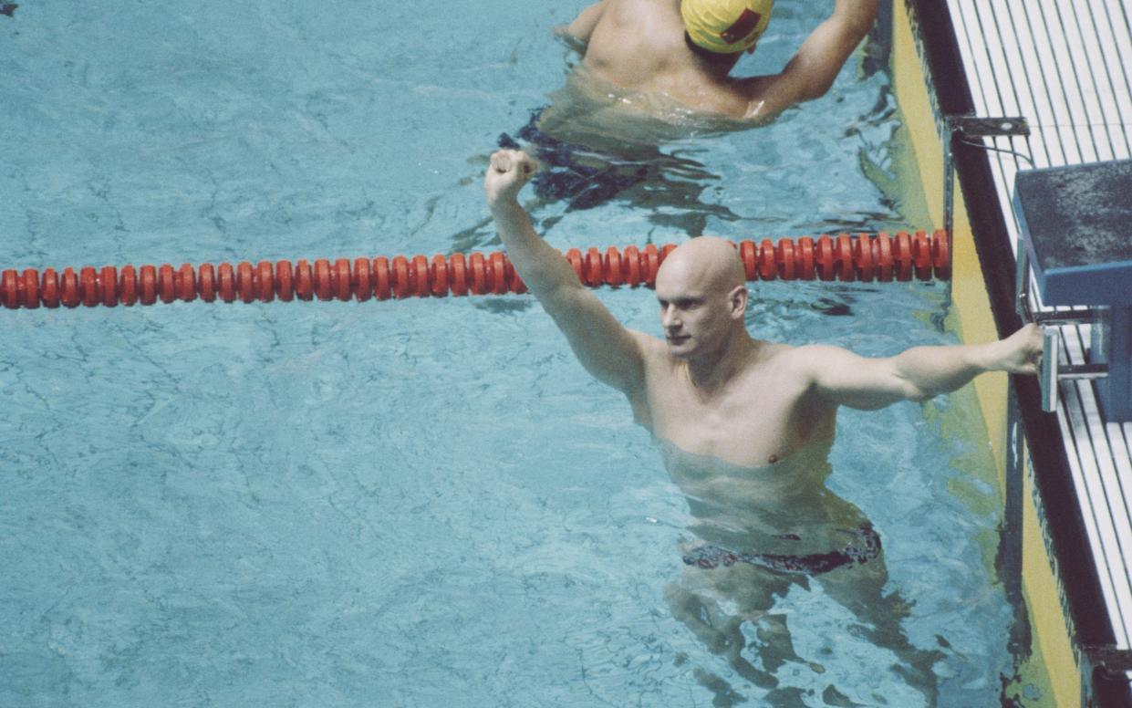 Goodhew after finishing in first place in the Men's 100 metres breaststroke event at the 1980 Olympics