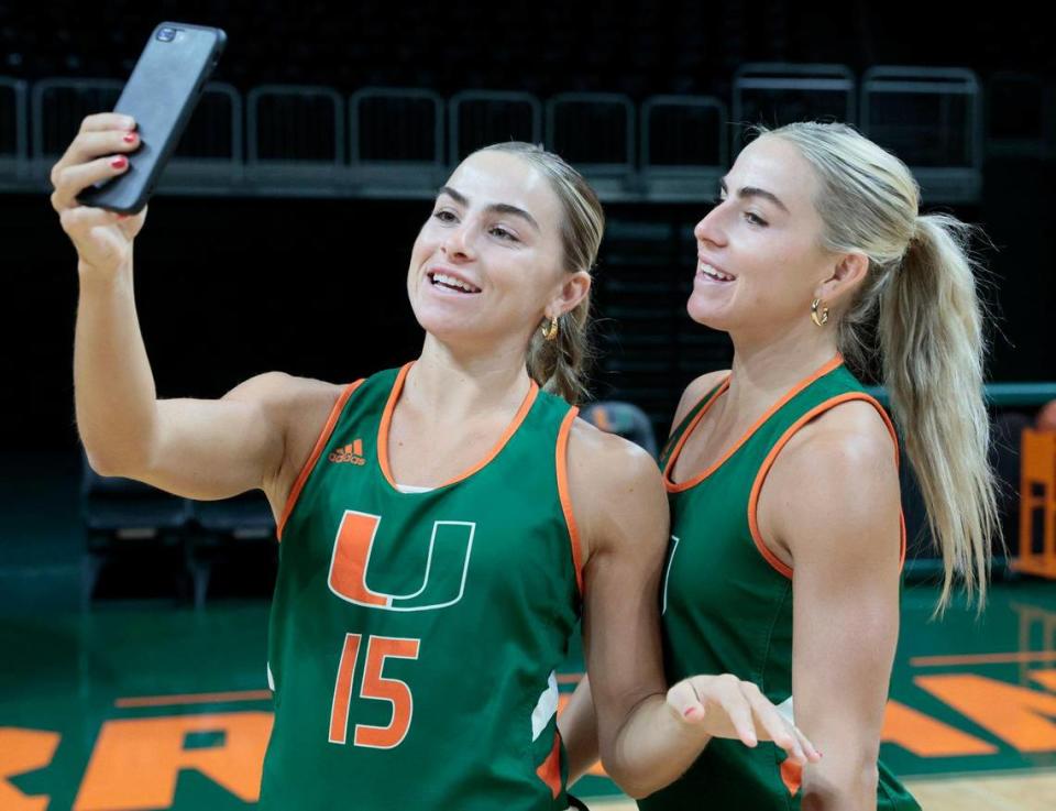 Miami Hurricanes women’s basketball players Haley Cavinder (14), Hanna Cavinder (15) have more than $1 million in endorsements and have been at the forefront of college sports Name, Image, Likeness movement. They announced they will forego final year of eligibility to pursue other career options.