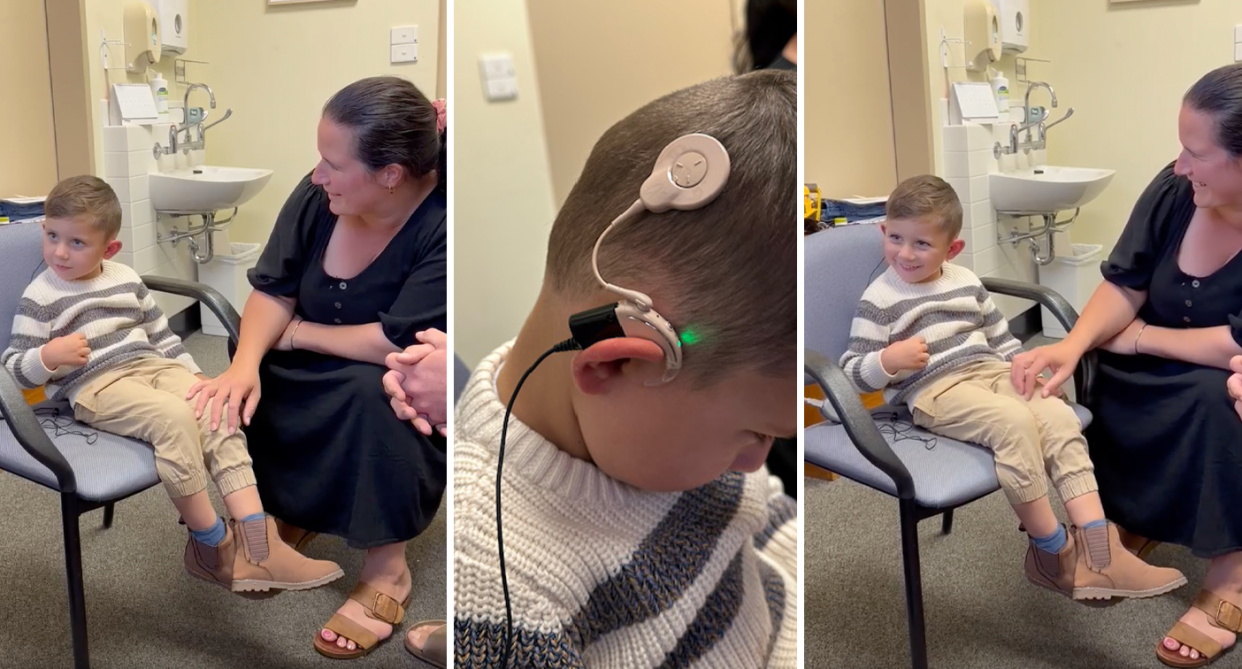 Nate looks surprised as the first sound is made (left) and breaks out into a wide smile as he hears with his 'new ears' (middle) while his mum Tessa watches on (right). 